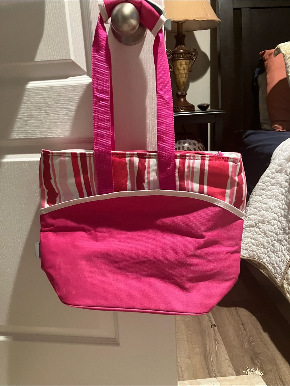 Bright Pink Stripe Canvas cooler Tote Bag